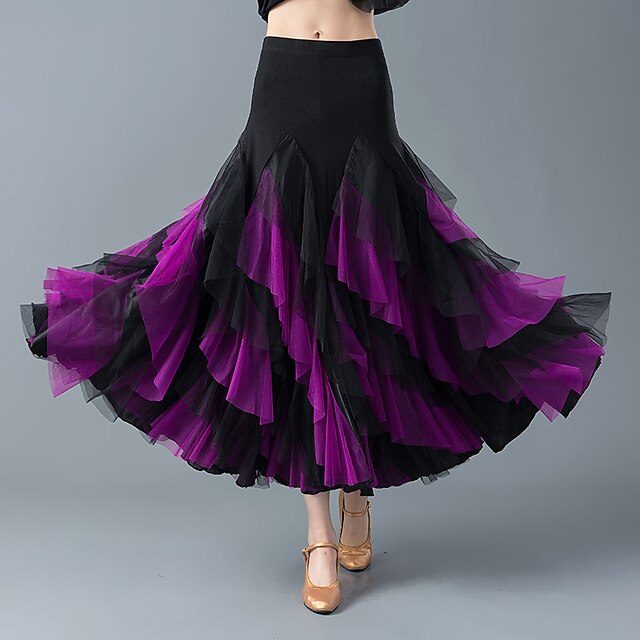  Ballroom Dance Skirts Tiered Women's Training Performance High Elastic Crystal Cotton