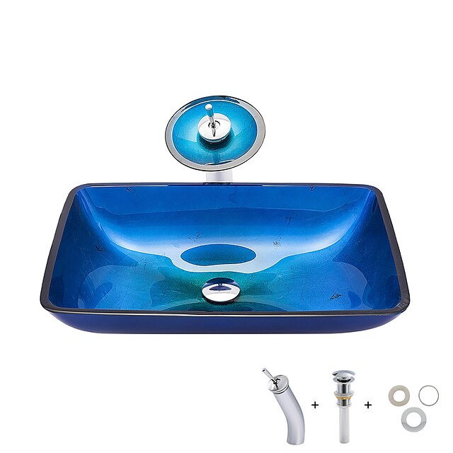  Lavandino bagno / Rubinetto per bagno / Anello di montaggio per bagno Moderno - Vetro temperato Rettangolare Vessel Sink