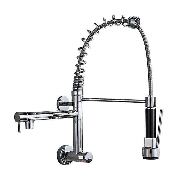 Kitchen Faucet Sink Pull Out Only Cold Water, 360 Swivel Spout Wall Mounted Brass Pull Down Kitchen Vessel Taps Chrome 7