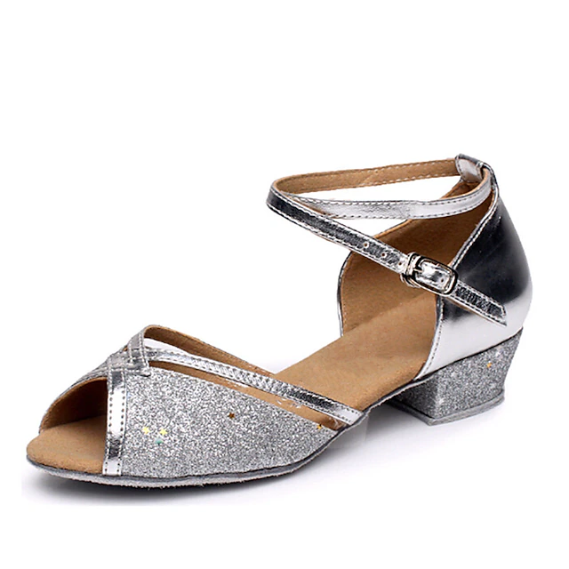Silver Glitter Dance Shoes for Girls with Adjustable Strap – Latin, Ballroom, and Social Dance Footwear 9