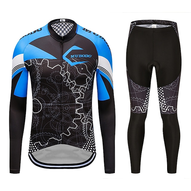  MUBODO Men's Long Sleeve Cycling Jersey with Tights Winter Fleece Blue Bike Clothing Suit Breathable Quick Dry Reflective Strips Sports Mesh Mountain Bike MTB Road Bike Cycling Clothing Apparel