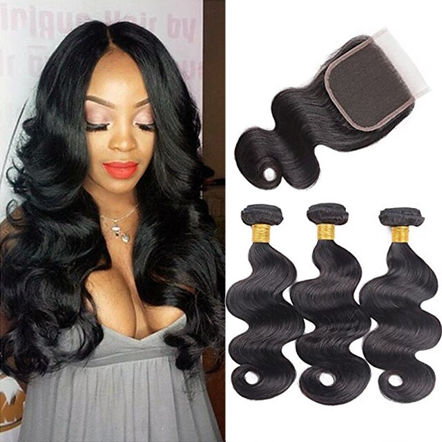  3 Bundles with Closure Hair Weaves Brazilian Hair Body Wave Human Hair Extensions Remy Human Hair 100% Remy Hair Weave Bundles 345 g Natural Color Hair Weaves / Hair Bulk Human Hair Extensions 8-20