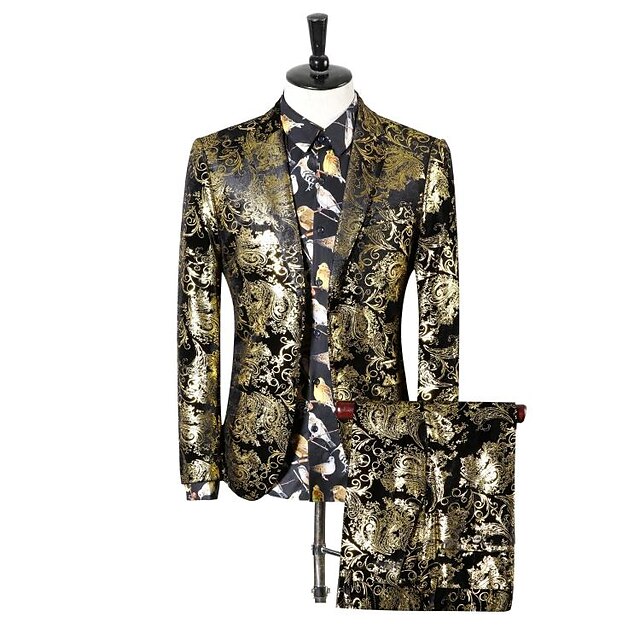  Gold Paisley Regular Fit Polyester Men's Suit - Notch lapel collar / Plus Size