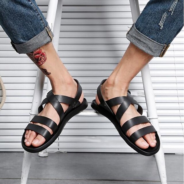  Men's Comfort Shoes Cowhide Summer Sandals Black / White