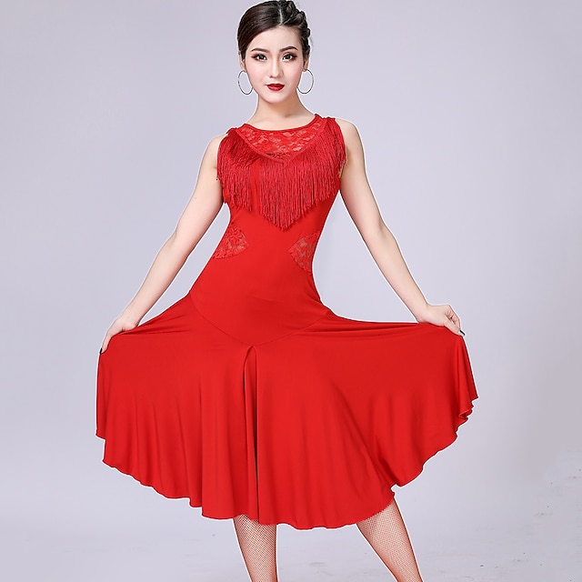 Latin Dance Dress Lace Fringed Tassel Women‘s Training Performance Sleeveless High Spandex