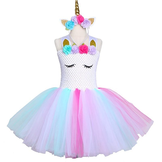  Pastel Unicorn Bustle Tutu Dresses Princess Children's Day Skirt Wear Headband