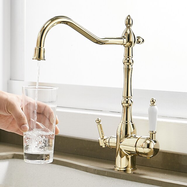  Brass Kitchen Faucet,Electroplated Standard Spout Two Handles One Hole Vessel with	Cold and Hot Switch