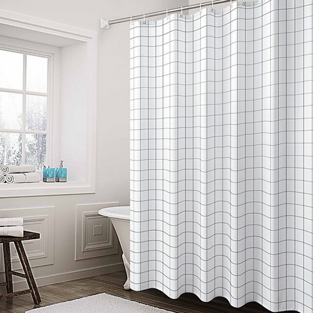  Shower Curtains and Hooks Plaid Pattern New Design Nonwoven Material Geometric Bathtub Curtain 1pc 72 Inch
