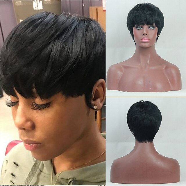  Human Hair Blend Wig Short Straight Natural Straight Pixie Cut Asymmetrical Short Hairstyles 2020 Black Fashionable Design Adjustable Heat Resistant Capless Women's Natural Black Medium Brown#4 Blonde