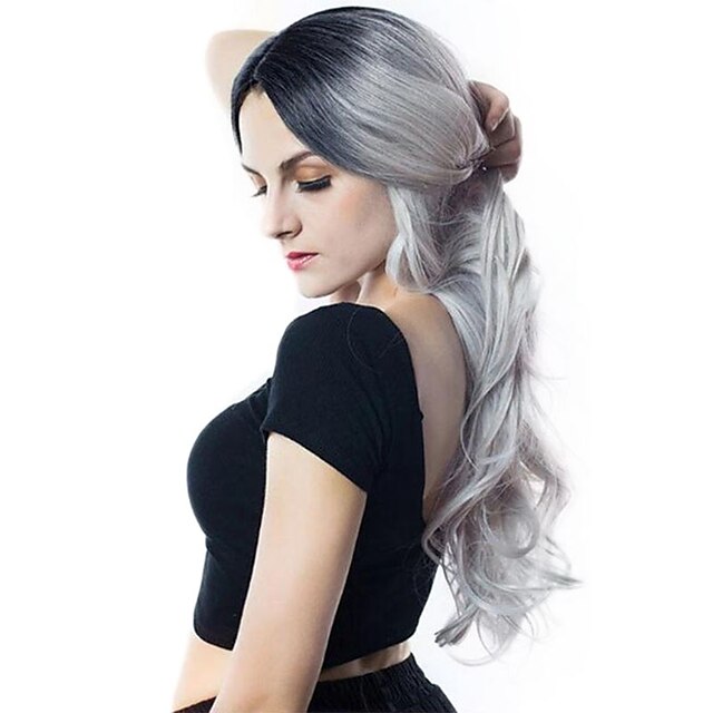  Synthetic Wig Loose Curl Middle Part Wig Long Grey Synthetic Hair 28 inch Women's Fashionable Design Women Synthetic Dark Gray