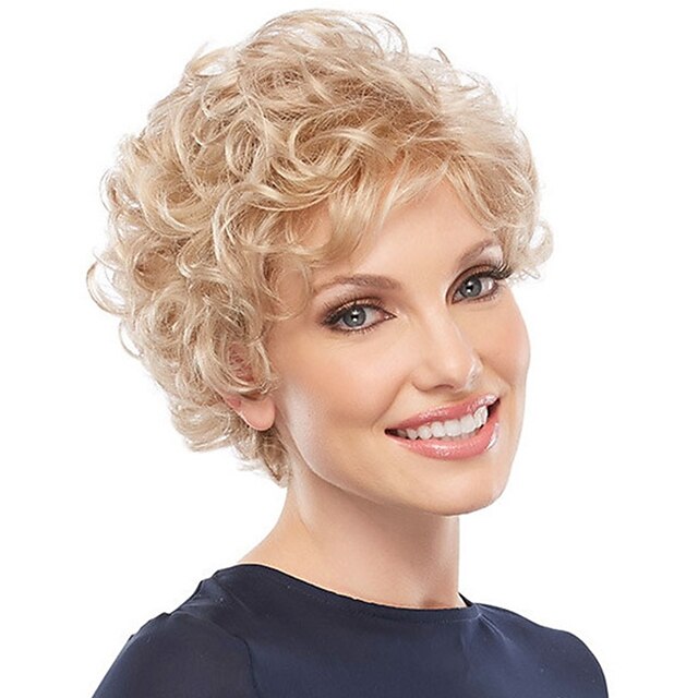  Blonde Wigs for Women Synthetic Wig Bangs Curly Free Part Wig Short Light Golden Synthetic Hair 14 Inch Fashionable Design Women Synthetic Blonde