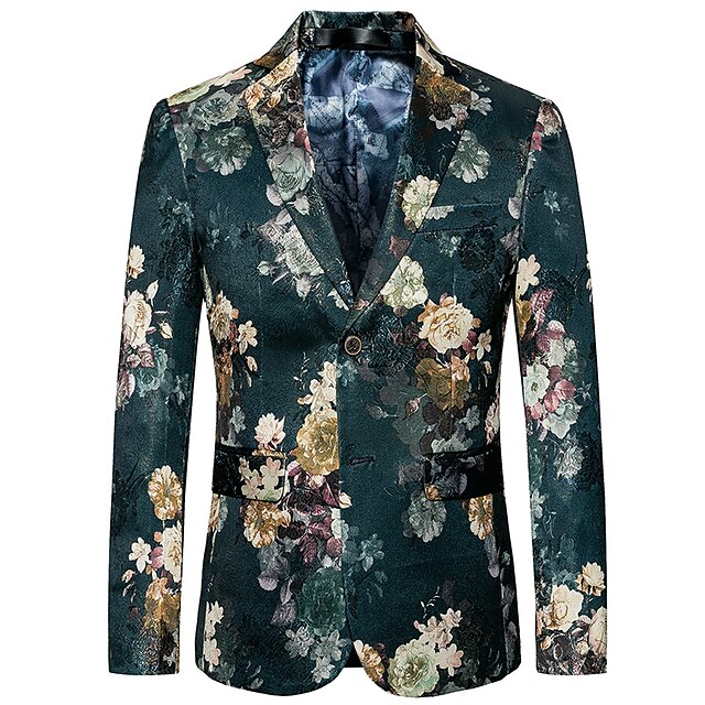  Men's Blazer Blazer Floral Regular Fit Rayon / Polyester Men's Suit Green - Notch lapel collar / Plus Size