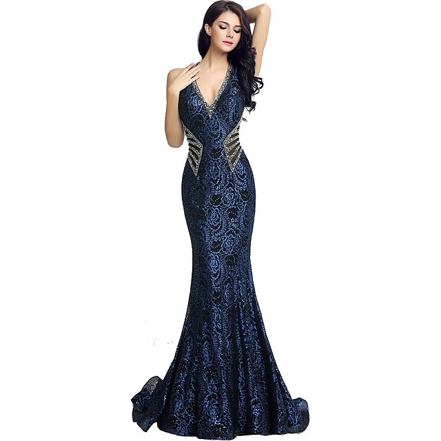  Mermaid / Trumpet Elegant & Luxurious Formal Evening Dress Plunging Neck Sleeveless Court Train Lace with Crystals Beading Sequin 2020