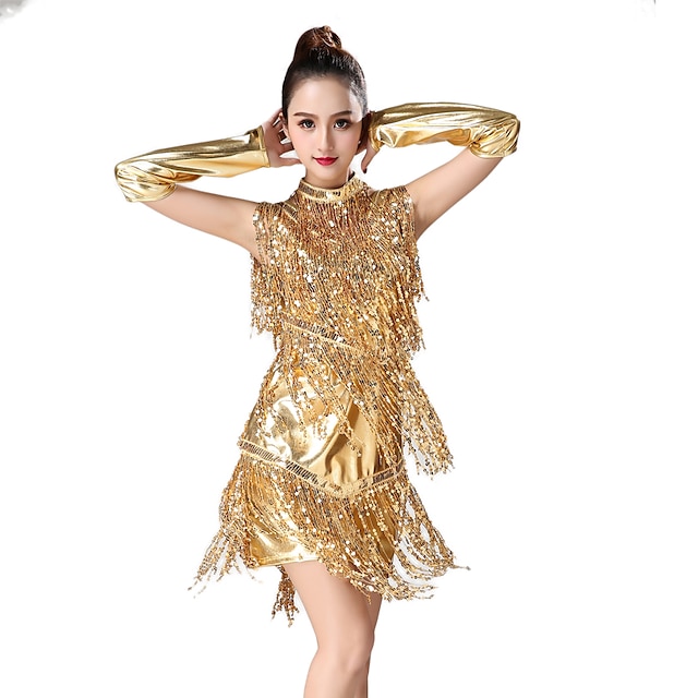  Latin Dance Dress Glitter Fringed Tassel Side Draping Women‘s Training Performance Party Dress Elastane Sequined Terylene