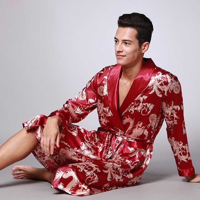  Voor heren Grote maten Pyjama Gewaad Zijden jurk Nachtkleding Effen Zacht Mode afdrukken Satijn Huis Bed Vakantie Polyester Elastisch Zijde-achtige Satijn Lichtgewicht V-hals Afdrukken Inclusief riem