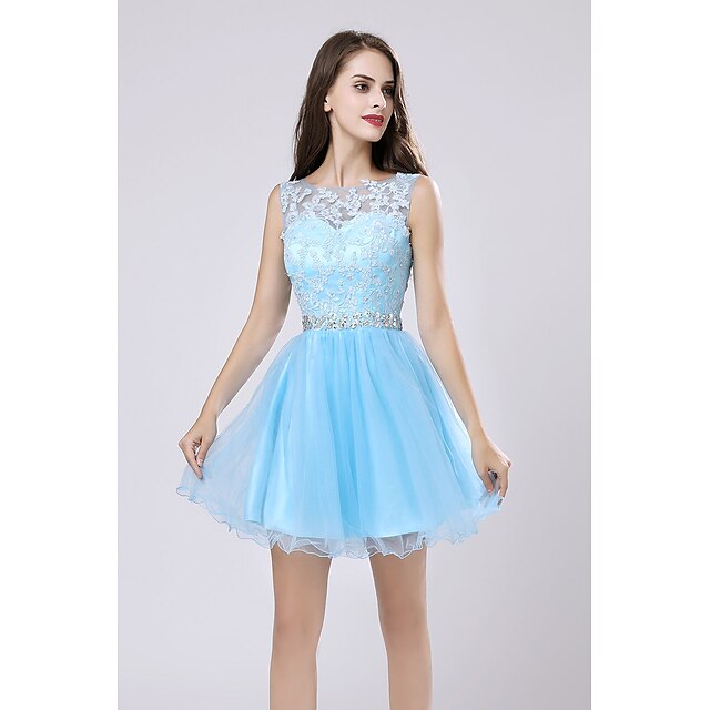  A-Line Hot Graduation Cocktail Party Dress Illusion Neck Sleeveless Short / Mini Lace with Crystals Appliques 2022
