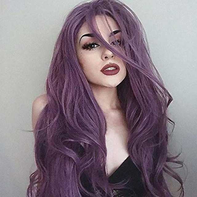  Synthetic Lace Front Wig Wavy Body Wave Side Part Lace Front Wig Short Lavender Synthetic Hair 24 inch Women's Synthetic Easy dressing New Arrival Purple