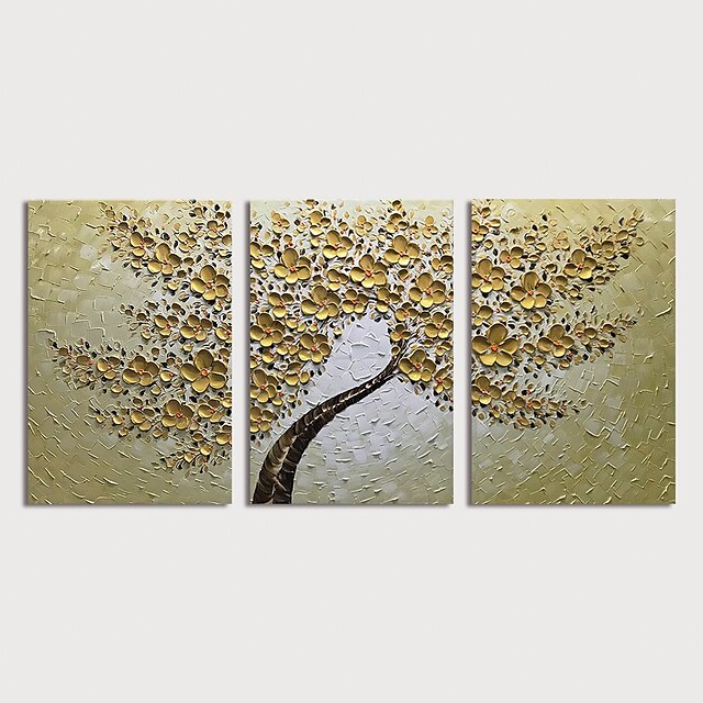  Hang-geschilderd olieverfschilderij Handgeschilderde - Bloemenmotief / Botanisch Modern Inclusief Inner Frame / Drie panelen / Uitgerekt canvas