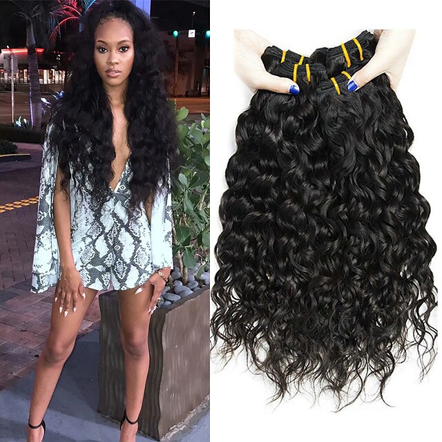  4 Bundles Hair Weaves Brazilian Hair Water Wave Human Hair Extensions Remy Human Hair 100% Remy Hair Weave Bundles 400 g Natural Color Hair Weaves / Hair Bulk Human Hair Extensions 8-28 inch Natural