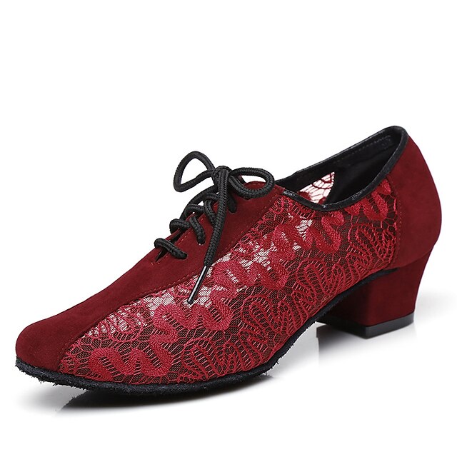  Mujer Zapatos de Jazz Baile en línea Rendimiento Tacones Alto Encaje Tul Un Color Talón grueso Cordones Tira de tobillo Negro Rojo Marrón
