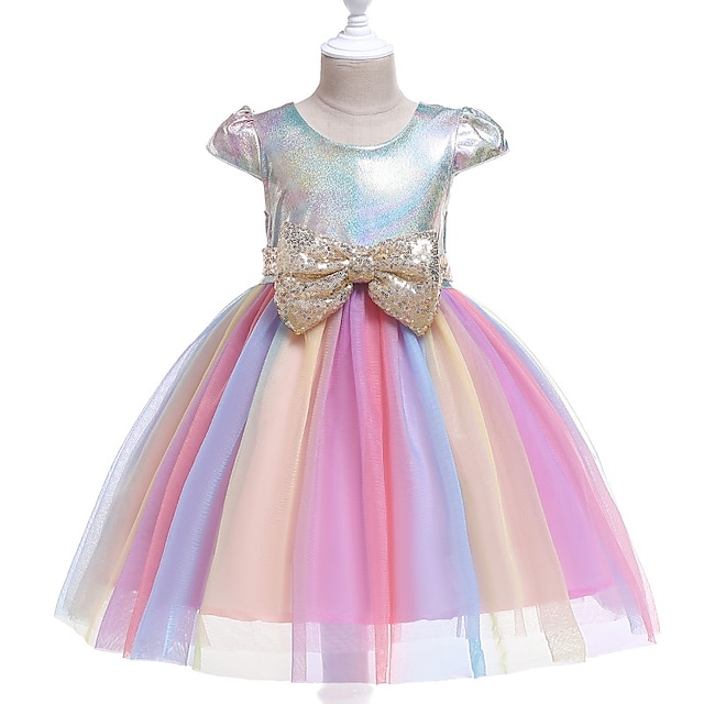  kinderkleidung Mädchen Kleid Regenbogen Patchwork Kurzarm Pailletten Aktiv Strassenmode Knielang Rosa Purpur