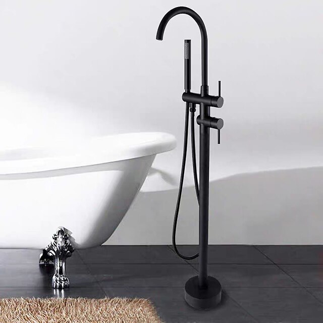  robinet pentru cadă cu finisaje vopsite, negru, de sine stătător, două mânere, robinet de duș standard cu un orificiu rotativ/pulverizare cu duș manual și întrerupător de apă caldă și rece