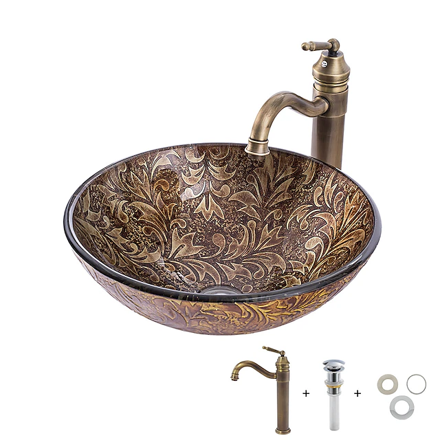 Vintage Bathroom Vessel Sink Set Round 16.5"x5.7", Sink Mixer Faucet and Drain Combo with Pop-up Drain, Boat Shape Tempered Glass Artistic Vessel Vanity Sink Bowl, Above Counter Sink Art Wash Basin 8