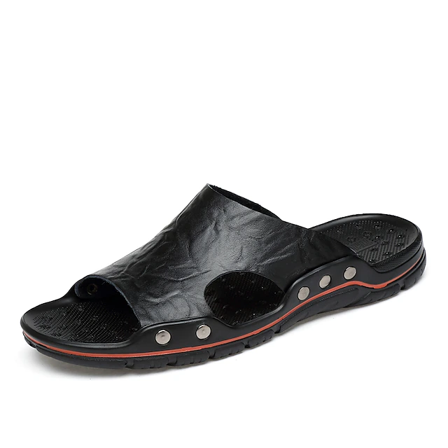 Men's Black Slip-On Leather Sandals – Casual Open-Toe Beach Slides with Studded Design and Comfortable Sole 10