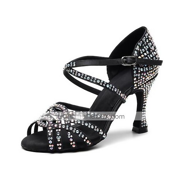 Women's Latin Dance Shoes Salsa Shoes Performance Party Practice Glitter Crystal Sequined Jeweled Heel Crystal / Rhinestone Crystals Flared Heel Buckle Ankle Strap Black 14
