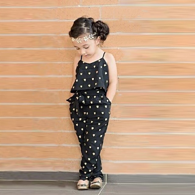  Baby Pige Outfit Hjerte Uden ærmer Trykt mønster Sæt Sød Stil Sommer Sort