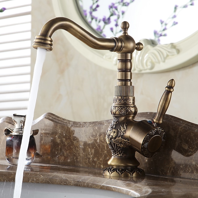  Robinet mitigeur d'évier de salle de bain en laiton antique, robinets de cuisine vintage à poignée unique, robinets de navire rétro rotatifs à 360 degrés avec tuyau chaud et froid