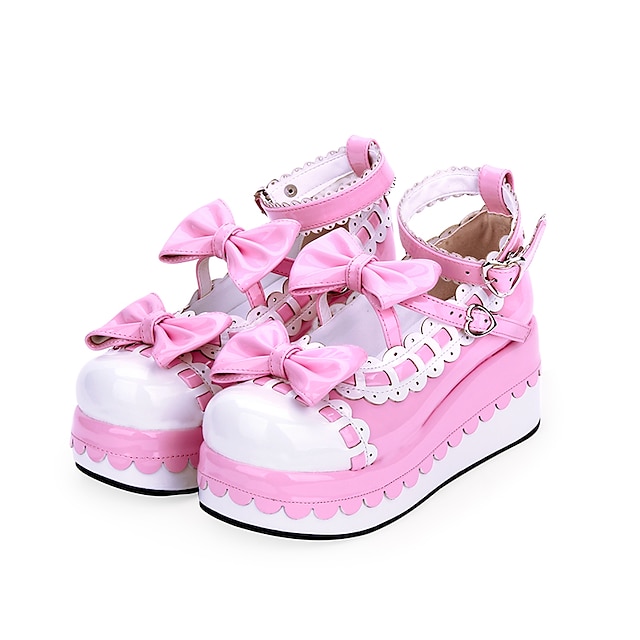  Mulheres Sapatos Doce lolita Princesa Salto Plataforma Sapatos Bloco de cor Preto Couro PU 7 cm