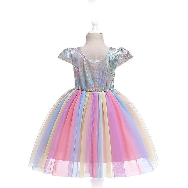 Kids Girls' Dress Rainbow Patchwork Short Sleeve Sequins Active ...