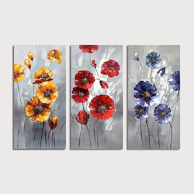  Hang-Painted Oliemaleri Hånd malede - Blomstret / Botanisk Moderne Omfatter indre ramme / Tre Paneler / Stretched Canvas