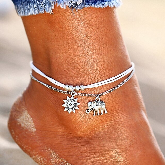  Anklet feet jewelry Dainty Ladies Gypsy Women's Body Jewelry For Holiday Beach Double Layered Double Leather Alloy Elephant Sun pineapple flower Turtle