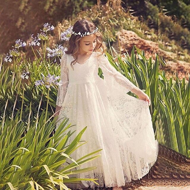  Abito da Sposa in Spiaggia A-Line Lunghezza Piena Abito per Ragazzina Ospite di Matrimonio Festa Ragazze Carino Abito da Prom Pizzo con Pizzo Boho Spiaggia Fit 3-16 Anni per impressionare