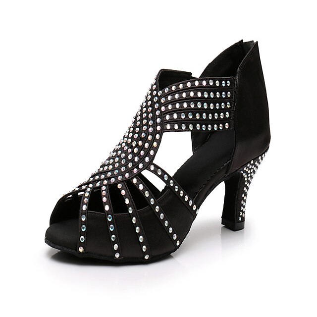  Women's Latin Shoes Satin Zipper Heel Rhinestone Cuban Heel Customizable Dance Shoes Black / Performance / Leather