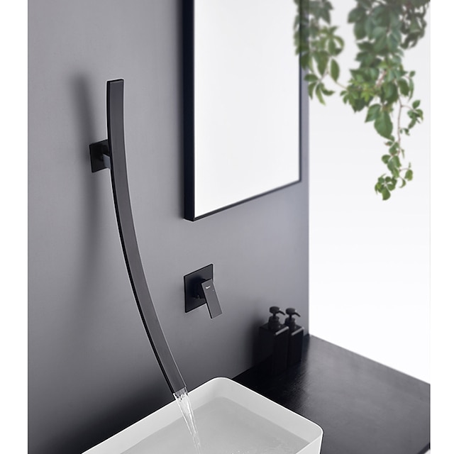  Wall Mounted Bathroom Sink Faucet,New Design Waterfall Black Single Handle Two Holes Bath Taps with Large Outlet and Flow Adjustable Switch and Hot/Cold Switch