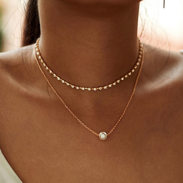  Fashion Multi-layer Simple Rhinestone Chain Choker Necklace For Women New Gold Color Alloy Chain Zircon Pendant Necklace Gift