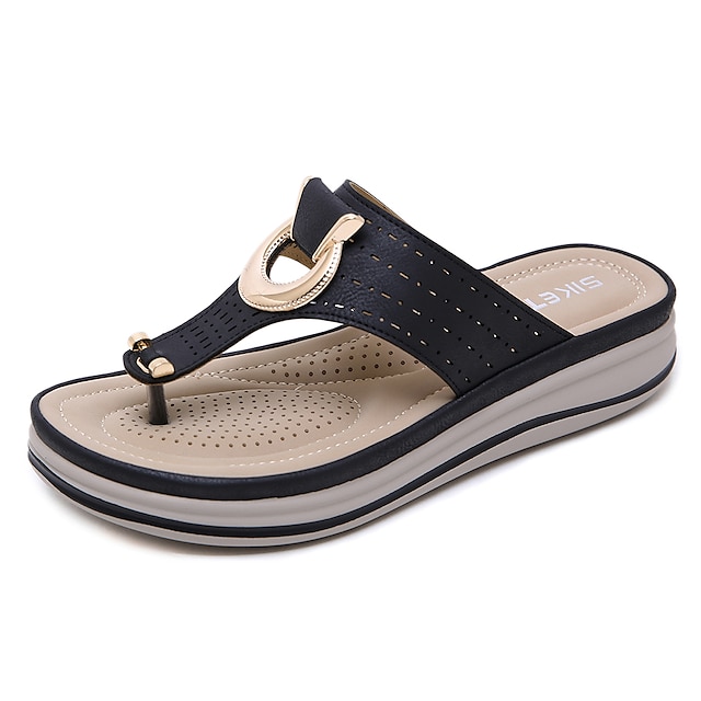  Women's Slippers & Flip-Flops Wedge Heel Open Toe Casual Vintage Daily Beach PU Summer Almond / Black / Khaki