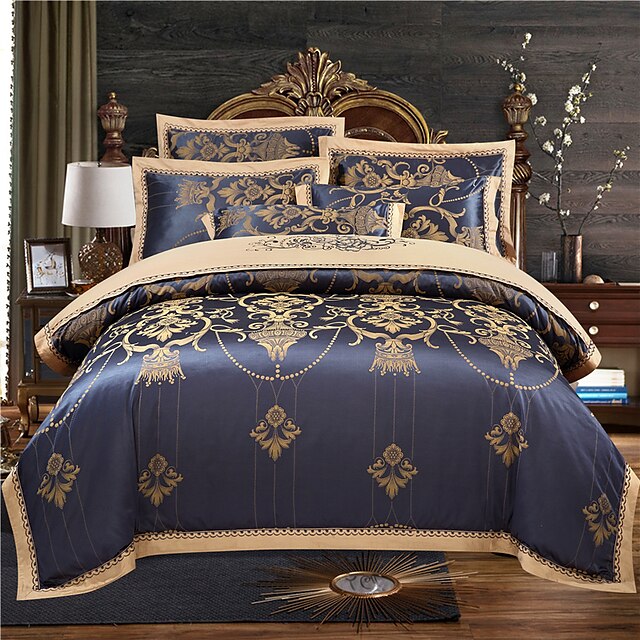  Duvet Cover Sets 4 Piece Cotton Stripes / Ripples Dark Blue Jacquard Luxury / 400 / 4pcs (1 Duvet Cover, 1 Flat Sheet, 2 Shams)