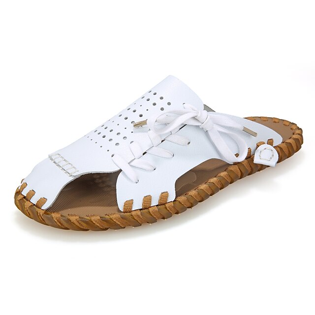  Men's Leather Shoes Summer Daily Home Slippers & Flip-Flops Cowhide Breathable Non-slipping Wear Proof White / Black / Brown