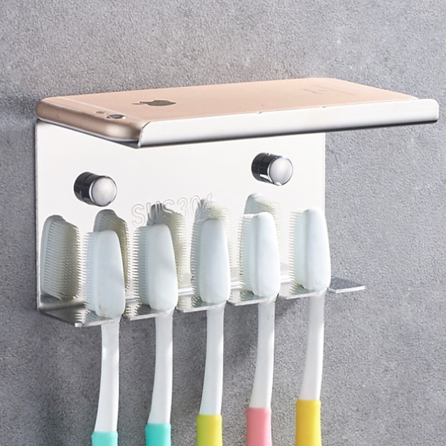  multifunctionele tandenborstelhouder met opbergrek voor mobiele telefoon roestvrij staal wandmontage zilverkleurig 1 st