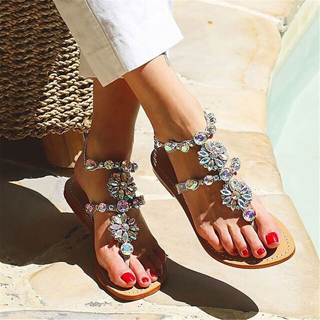 Women's Sandals Boho / Beach Glitter Crystal Sequined Jeweled Flat ...