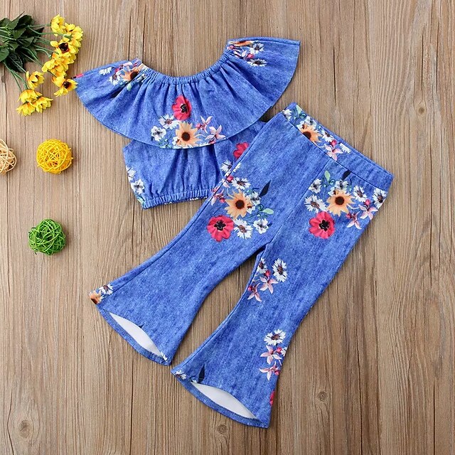  Kinder Baby Mädchen Aktiv Grundlegend Blumen Geometrisch Druck Rüsche Druck Kurzarm Standard Standard Kleidungs Set Blau