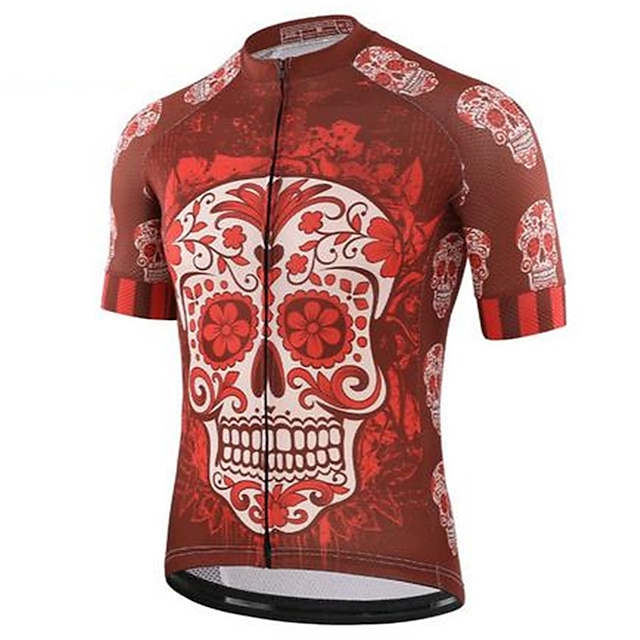  21Grams Men's Cycling Jersey Short Sleeve Bike Jersey Top with 3 Rear Pockets Mountain Bike MTB Road Bike Cycling Quick Dry Back Pocket Sweat wicking Fluorescent Red White Skull Sugar Skull Sports