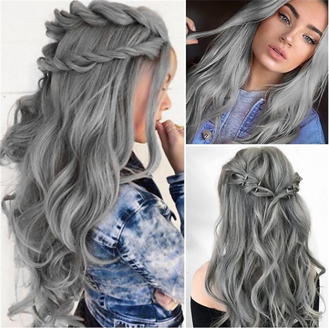  Synthetic Wig Water Wave Middle Part Wig Long Grey Synthetic Hair 26 inch Women‘s Women Dark Gray