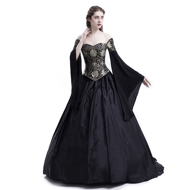 Vampire Woman French Renaissance Black Satin Silver Jacquard Off-Shoulder Ball Gown