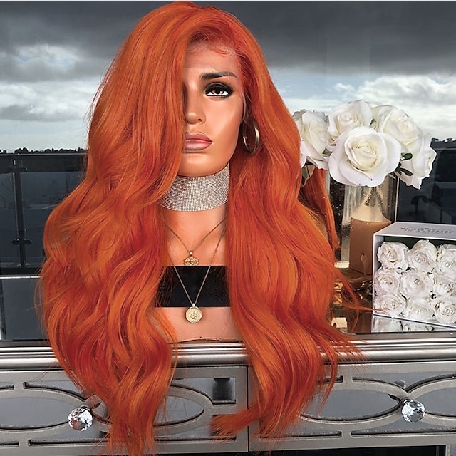 Beauty & Hair Wigs & Hair Pieces | Synthetic Lace Front Wig Wavy Side Part Lace Front Wig Long Orange Synthetic Hair 18-24 inch 