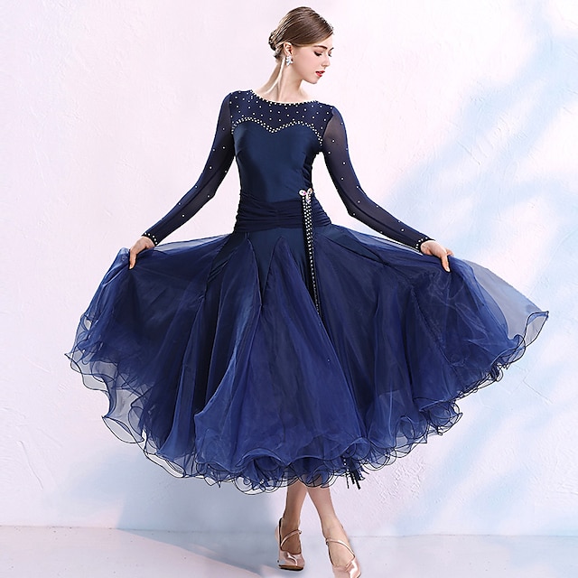  Ballroom Dance Dress Split Joint Crystals Competition Dress/ Rhinestones Women's Performance Long Sleeve Spandex